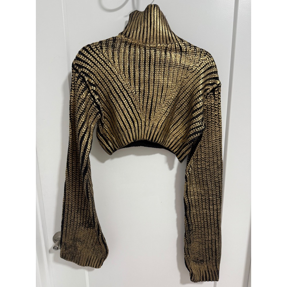 Hanifa XS Gold Metallic Knit Cropped Turtleneck Bell Sleeve Sweater NWT - Picture 5 of 12